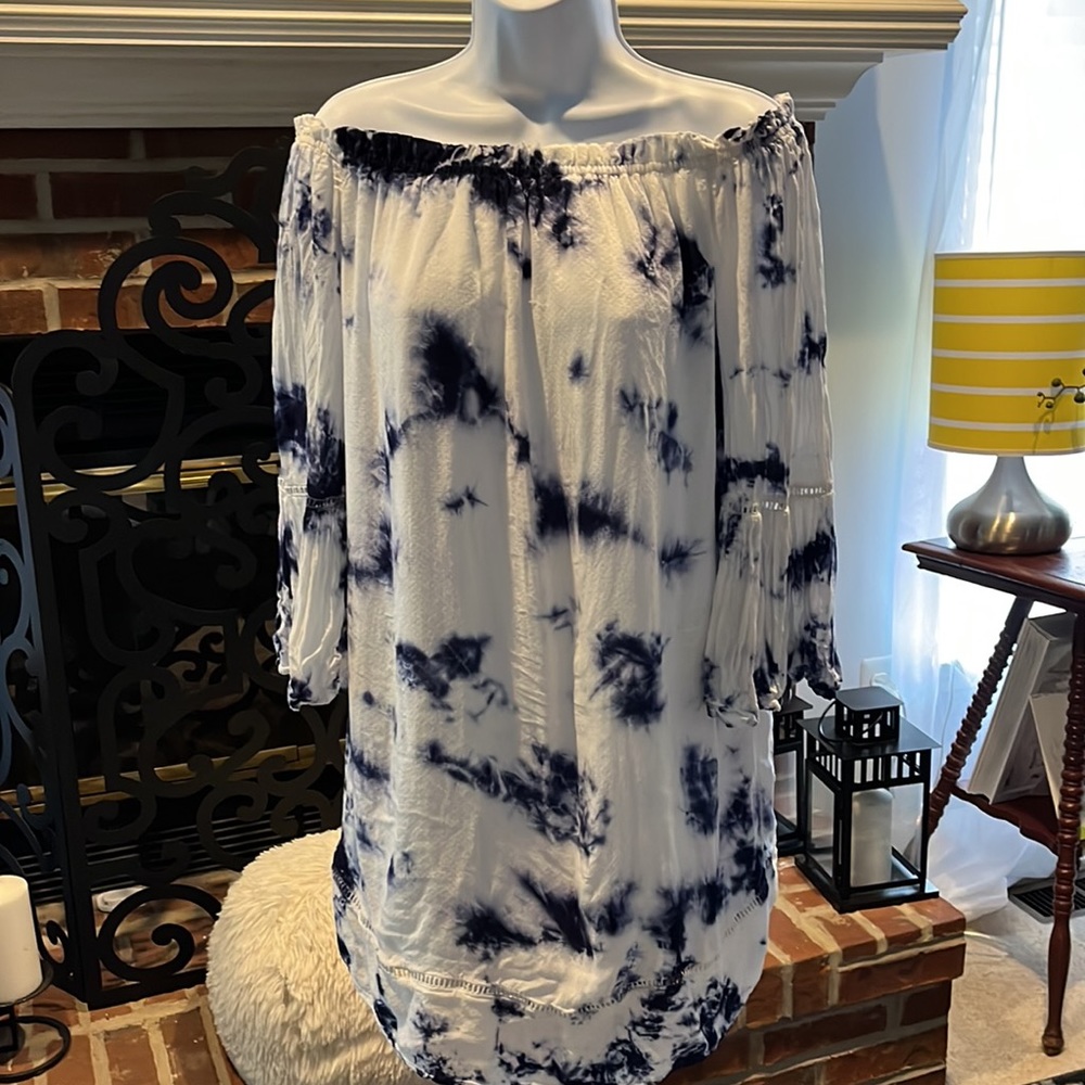 🔥Knox Rose Off the shoulder Dress Color Blue&White tie-dye Mini Dress! Size:M